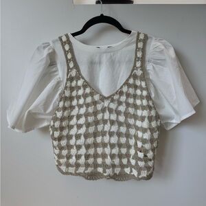 En Saison Crochet Knit Tank + White Puff Sleeve Top Set Neutral Boho Size S